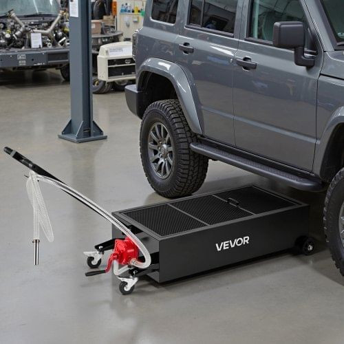 Low Profile Oil Drain Pan, 25 Gallon Capacity, Rolling Oil Drain Pan with Manual Pump, 7.2 ft Hose  E415-SDWSPYCJS25GYTTAY001V0