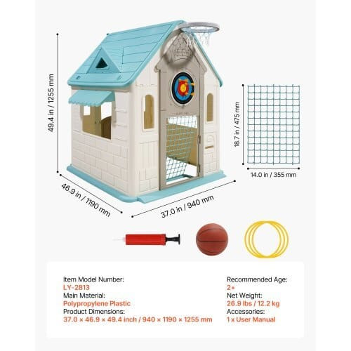 Outdoor Playhouse, 5-In-1 Cottage Play House with Pretend Play, Basketball, Darts, Soccer, Ring Tos E415-SLKXWJCSLFBS6BTGT001V0