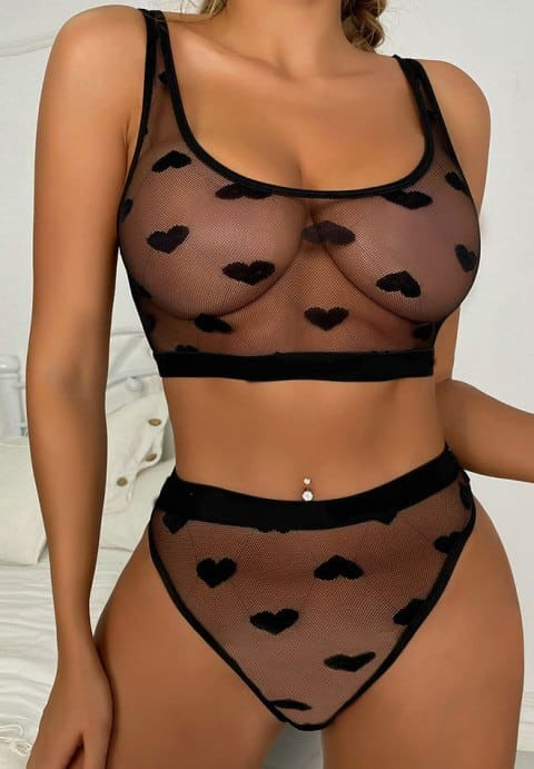 Charming Heart Print Sheer Bra and Panty Set H721-TLJW607BK-AA