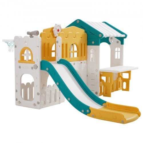 Outdoor Playhouse, Versatile Toddler Playground with Slide, Basketball, Telescope, Steering Wheel,  E415-SLKXWJCSL23MS6OXB001V0