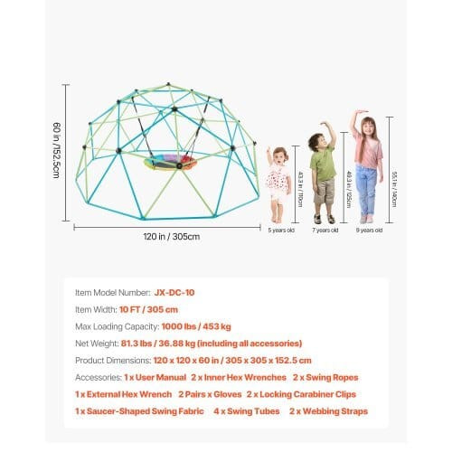 Climbing Dome, 10FT Geometric Dome Climber with Saucer Swing, 1000LBS Loading Kid's Jungle Gym Play E415-JHPDZJ10FTDXRXI22001V0