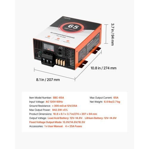 RV Power Converter, 65 Amp, 110V AC to 12V DC RV Converter Battery Charger, Multi Stage Smart Charg E415-FCZLQTMS65AQH0QJG001V1