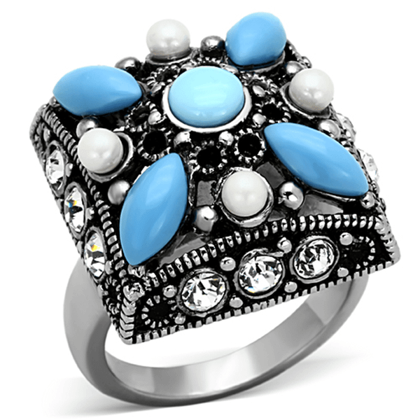 TK1309 - High polished (no plating) Stainless Steel Ring with Synthetic Turquoise in Sea Blue A874-TK1309
