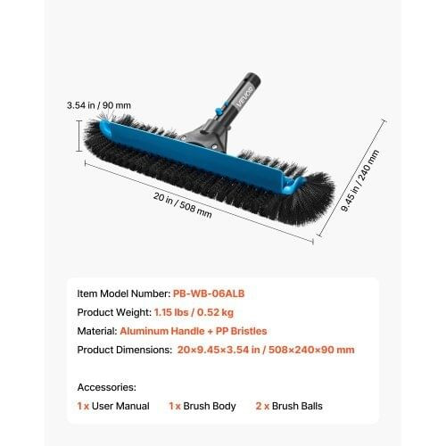 Pool Brush Head, 20 Inch Scrub Brushes with Nylon Bristles and Aluminum Pole Connector, Heavy Duty  E415-BCGYCQJTJYCSX49OS001V0