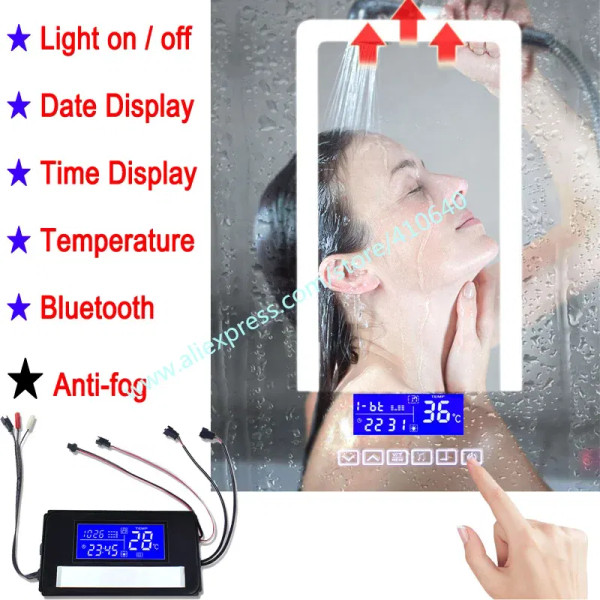 Trumsense K3015CBH Mirror Clock Temperature Date Display with Anti-Fog Touch Six Button Mirror Blue F640-3256806984559201