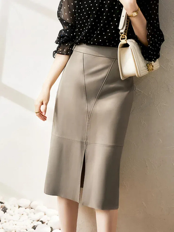 Lvory-White Sheepskin Split A-line Skirt, Midi Length, Hips, V Spliced, Elephant Grey, Spring and A F640-3256807007332280
