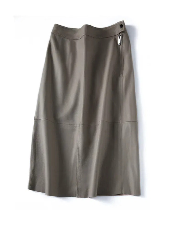 Lvory-White Sheepskin Split A-line Skirt, Midi Length, Hips, V Spliced, Elephant Grey, Spring and A F640-3256807007332280