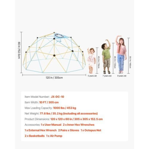Climbing Dome, 10FT Geometric Dome Climber, 1000LBS Loading Jungle Gym Playground with 2 Basketball E415-JHPDZJ10FTLQDD2DJ001V0