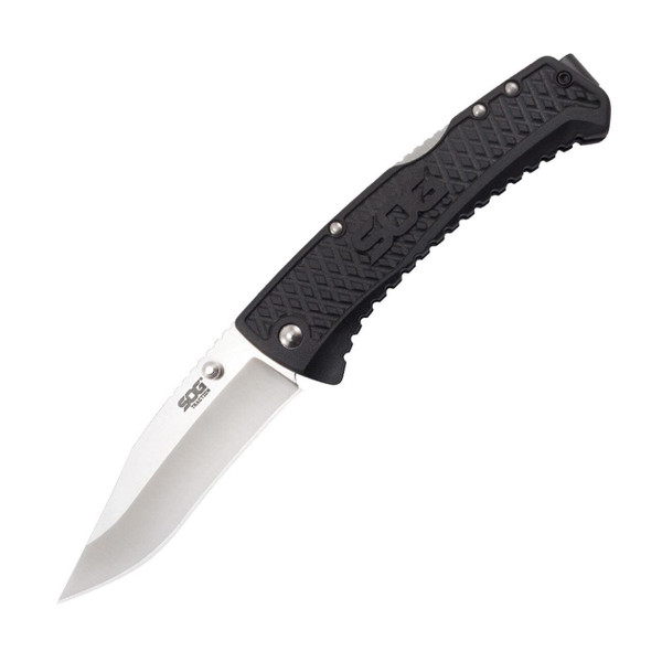 SOG Traction Folding Knife 3.5" Clip Point Plain Blade Black GRN Handles M119-TD1011CP