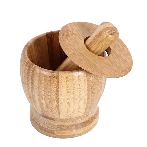 Color: Small with lid - Bamboo Bowl Garlic Press Grinder Crusher for Guacamole Kitchen Pepper Garli Q119-CJJJJTCF09090-Small with lid