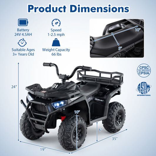 24V Kids Ride on Electric ATV Quad Car with Realistic Sounds and  LED Lights-Black - Color: Black D681-TQ10366US-DK
