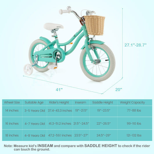 14-Inch Kids Bike with Training Wheels and Adjustable Handlebar Seat-Green - Color: Green D681-TS10130GN-14