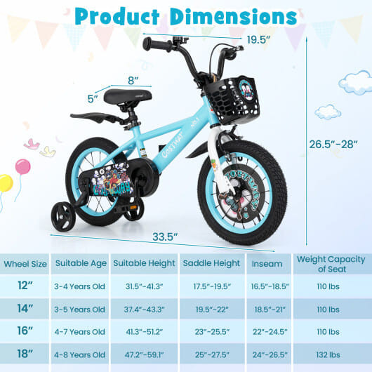 14 Inch Kids Bike with Adjustable Handlebar and Saddle for 3-5 Years Old-14 inches - Color: Blue -  D681-TS10154BL-14