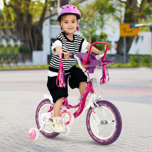 14 Inch Kids Bike with Doll Seat and Removable Training Wheels-14 inches - Color: Pink & Purple - S D681-TS10076RO