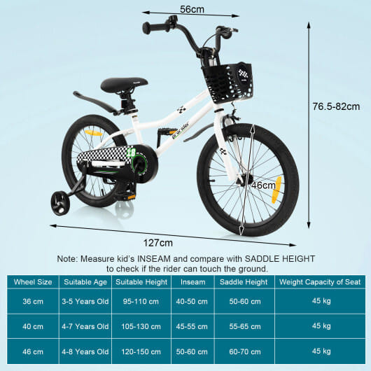 18 Feet Kids Bike with Removable Training Wheels-Black & White - Color: Black & White D681-TS10085WH-18