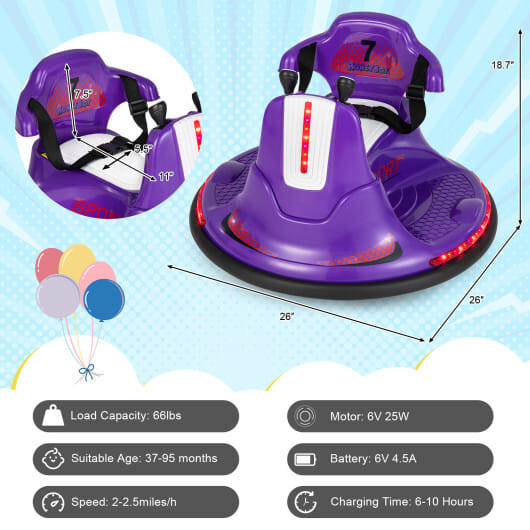 12V Kids Ride On Bumper Car with Remote Control Lights and Music-Purple - Color: Purple D681-TQ10082US-ZS