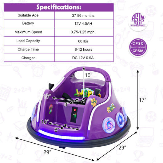 12V Electric Ride On Car with Remote Control and Flashing LED Lights-Purple B593-TQ10170US