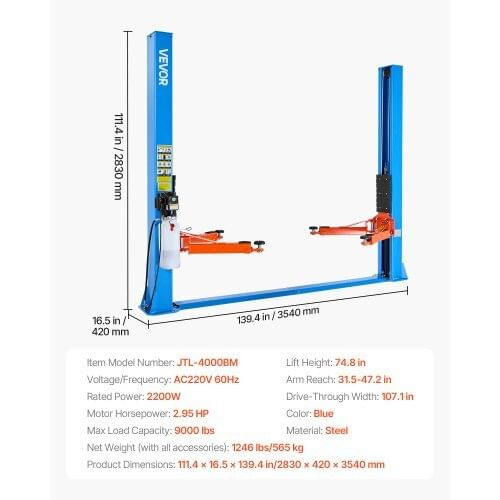 2 Post Lift, 9000 lbs Capacity, 220V 2.95 HP Powerful Motor, Two Post Car Lift Auto Hoist for Sedan E415-SZJSJ70INCHSHTARI001V7