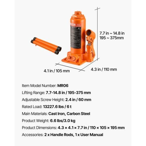 Hydraulic Bottle Jack, 6 Ton (13227.6 lbs) Capacity, 7.7-14.8 Inch Lifting Range, Heavy Duty Welded E415-SDPSQJD6TZJS1SOMD001V0