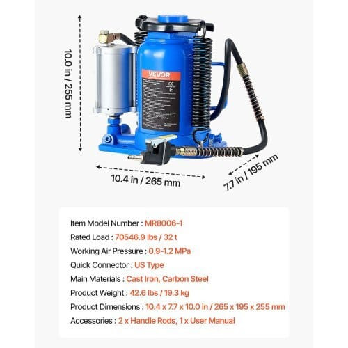 Air Hydraulic Bottle Jack, 32 Ton (70546.9 lbs) Capacity, 10-16.3 Inch Lifting Range, Pneumatic/Man E415-PSQJDLSMBQDS4WEC1001V0