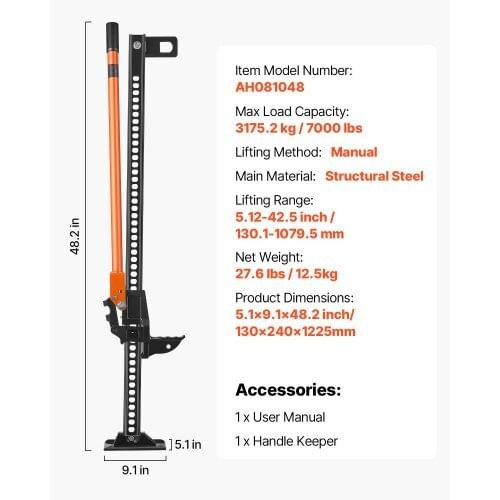 Farm Jack, 48" Utility High Lift Farm Jack, 3.18 Ton (7,000 lbs) Capacity Ratcheting Off Road Utili E415-NCQJDZJ48INCD3YRG001V0