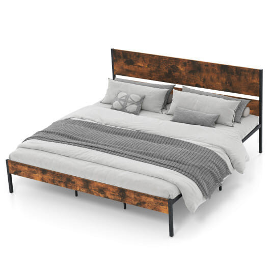 Twin/Full/Queen/King Metal Bed Frame with Wooden Headboard and Footboard-King Size - Color: Rustic  D681-HU10790CF-K