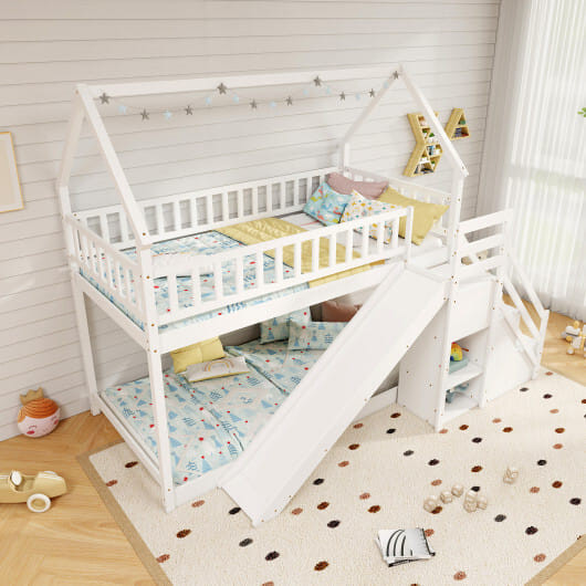 Twin Over Twin Bunk Bed with Slide and Staircase-White - Color: White D681-HU10982WH+