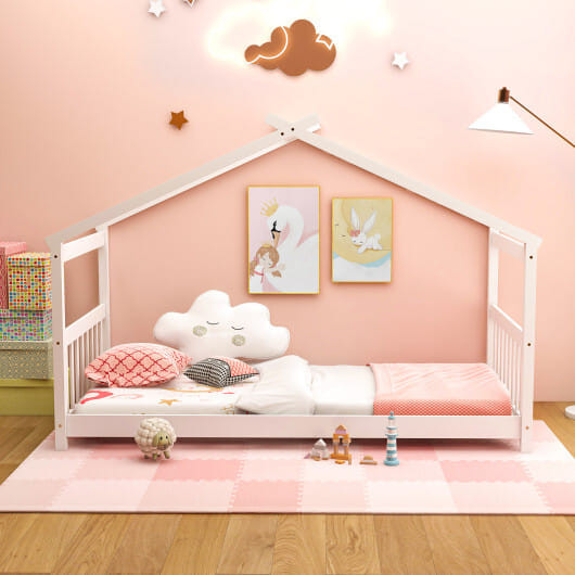 Twin Size Wooden House Bed with Roof-White - Color: White D681-HU10483WH-T