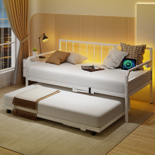 Adjustable Metal Twin Size Daybed with Charging Station and LED Light-White - Color: White - Size:  D681-HU10788US-WH