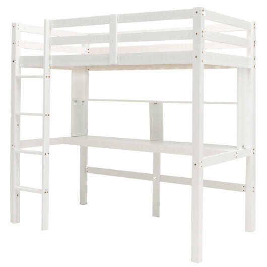 Twin Size Solid Wood Slatted Loft Bed Frame with Safety Guardrail for Kid-White - Color: White - Si D681-HY10045WH+