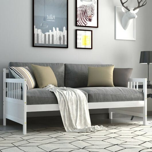 Twin Size Wooden Slats Daybed Bed with Rails-White - Color: White D681-HW63521WH