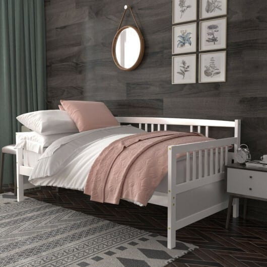 Twin Size Wooden Slats Daybed Bed with Rails-White - Color: White D681-HW63521WH