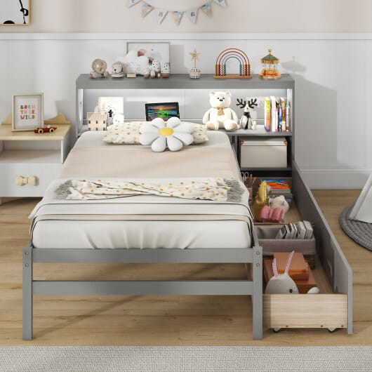 Twin Size Bed Frame with LED Light and Bookcase Headboard-Gray - Color: Gray D681-HU10916GY
