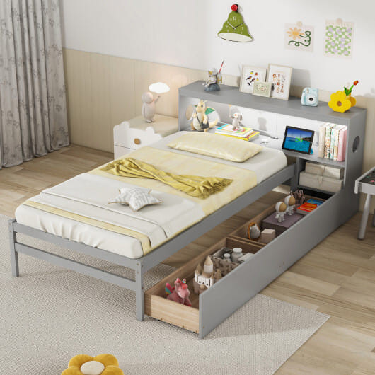 Twin Size Bed Frame with LED Light and Bookcase Headboard-Gray - Color: Gray D681-HU10916GY