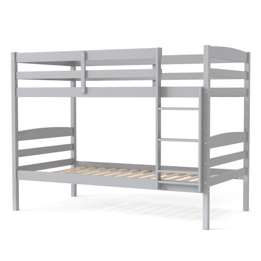 Solid Wood Twin Over Twin Bunk Bed Frame with High Guardrails and Integrated Ladder-Gray - Color: G D681-HU10487GR-T