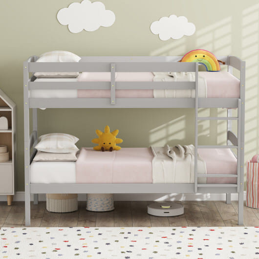 Solid Wood Twin Over Twin Bunk Bed Frame with High Guardrails and Integrated Ladder-Gray - Color: G D681-HU10487GR-T