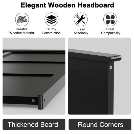 Full Wood Headboard Flat Panel with Pre-drilled Holes and Height Adjustment-Black - Color: Black D681-HU10197BK