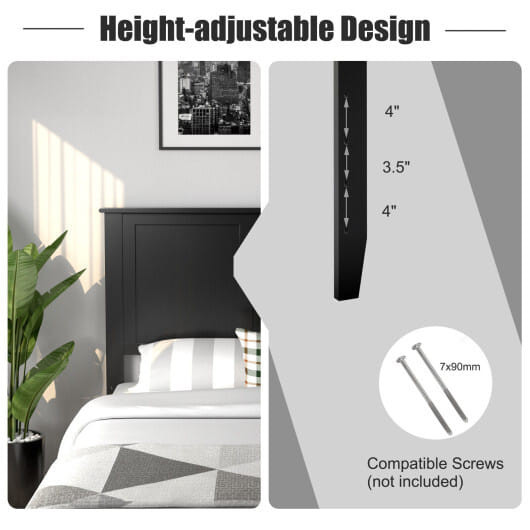 Full Wood Headboard Flat Panel with Pre-drilled Holes and Height Adjustment-Black - Color: Black D681-HU10197BK