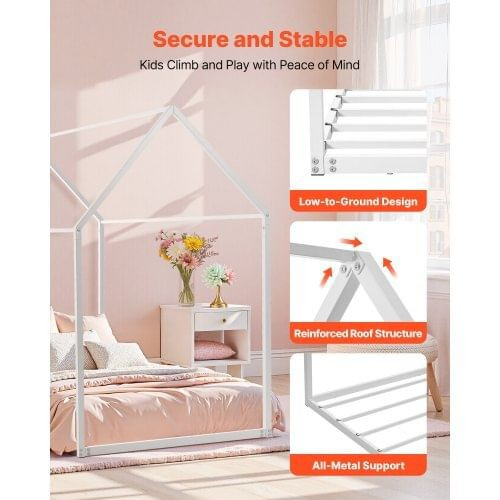  Twin Size House Bed Frame, Metal Kids Floor Bed Frame with Roof, Heavy Duty Steel Slats Support, H E415-HGCBSJSFWZXTNGK21001V0
