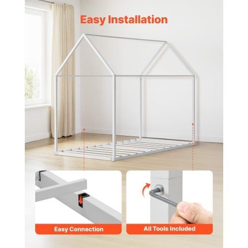  Twin Size House Bed Frame, Metal Kids Floor Bed Frame with Roof, Heavy Duty Steel Slats Support, H E415-HGCBSJSFWZXTNGK21001V0