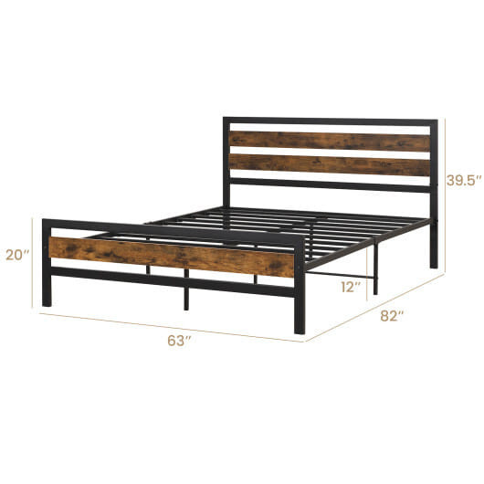 Full/Queen Industrial Bed Frame with Rustic Headboard and Footboard-Queen Size - Color: Rustic Brow D681-HU10461DK-Q