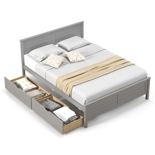 Full Size Bed Frame with Storage Drawers and Solid Wood Headboard-Gray - Color: Gray - Size: Full S D681-HU10561GR-F
