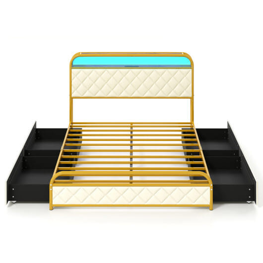 Twin/Full/Queen Size Bed Frame with LED Lights and Charging Station Gold-Full Size - Color: Golden  D681-HU10931GD-F