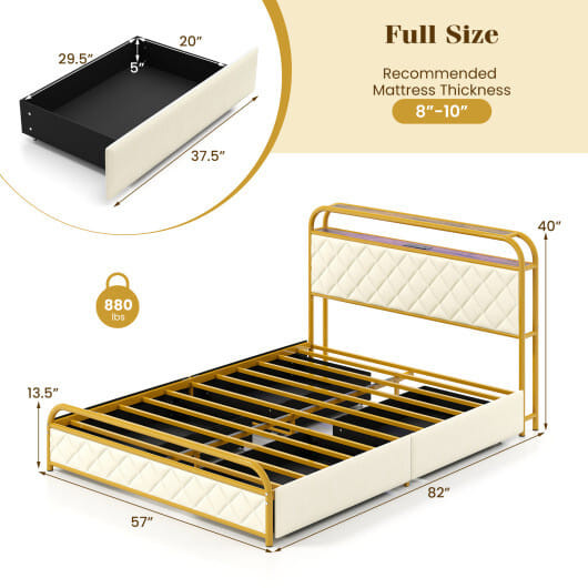 Twin/Full/Queen Size Bed Frame with LED Lights and Charging Station Gold-Full Size - Color: Golden  D681-HU10931GD-F