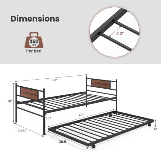 Twin Size Metal Daybed with Trundle and Wood Grain Headboard B593-HU10416