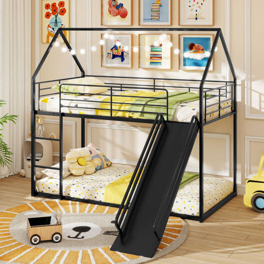 House-shaped Metal Twin Over Twin Low Bunk Bed-Black - Color: Black - Size: Twin Size D681-HU11148US-TDK