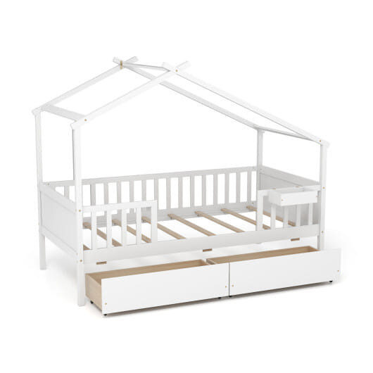 Twin House Bed with 2 Storage Drawers and Roof & Fence Rails-White B593-HU10753