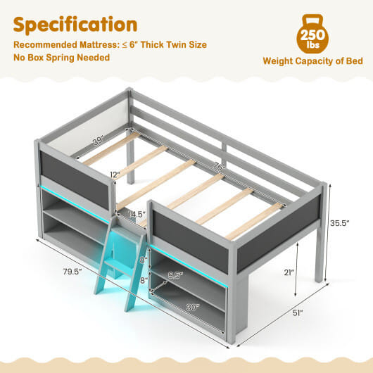 Low Loft Bed with LED Lights Kid's Cabin Bed with Bookcases-Gray B593-HU11150