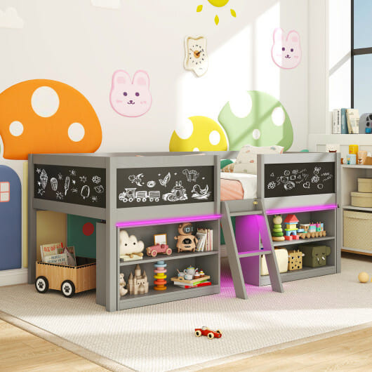 Low Loft Bed with LED Lights Kid's Cabin Bed with Bookcases-Gray B593-HU11150