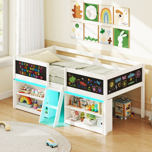 Low Loft Bed with LED Lights Kid's Cabin Bed with Bookcases-Gray B593-HU11150